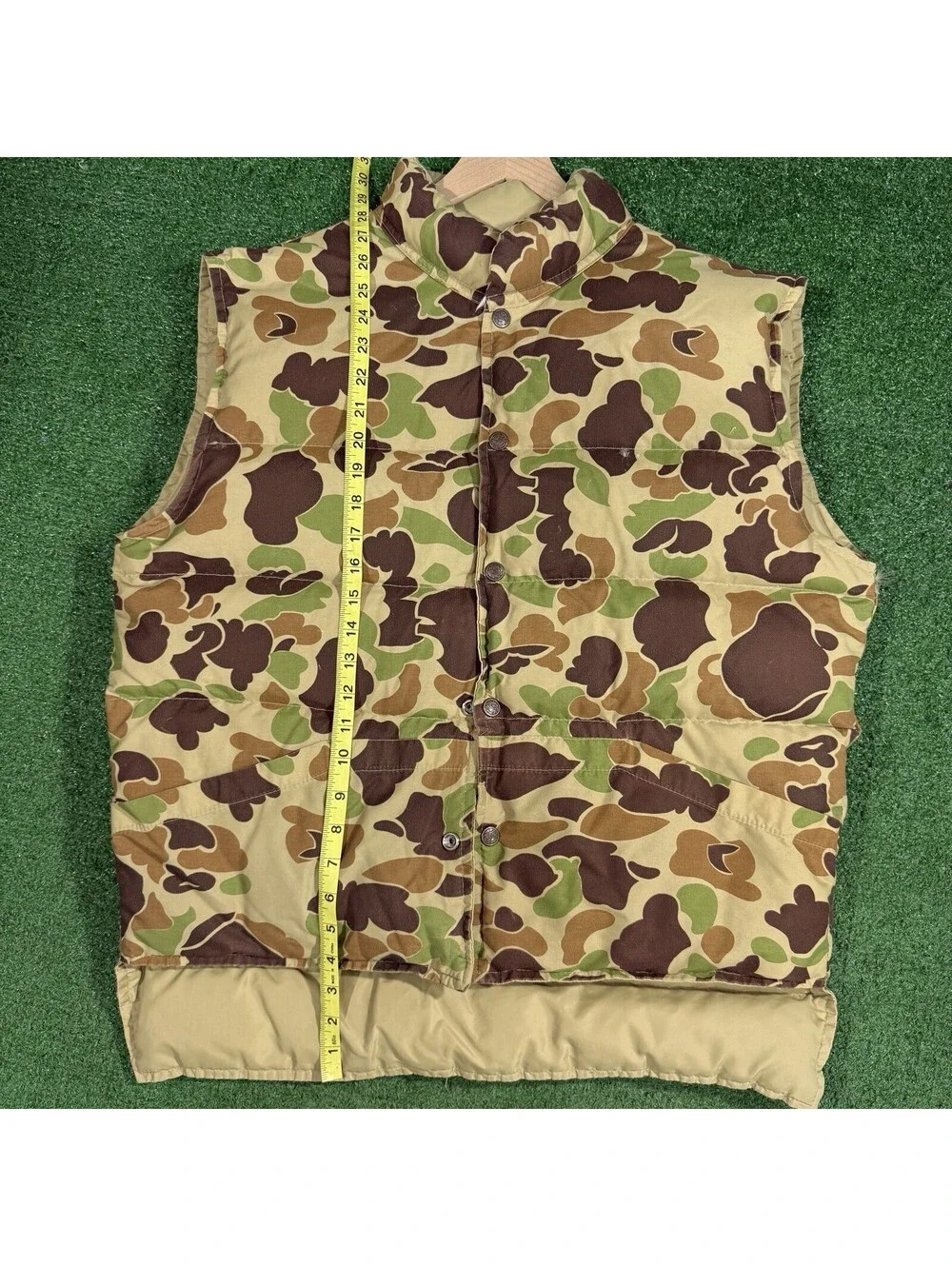 Vintage Stearns Puffer Vest Mens L Brown Green Duck Camo Goose Down Fill Rare